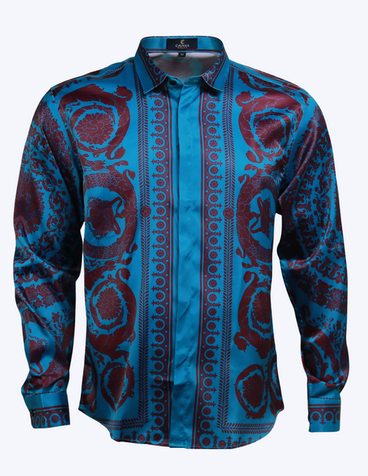 Mens Vintage Pattern Long Sleeve Lapel Shirt