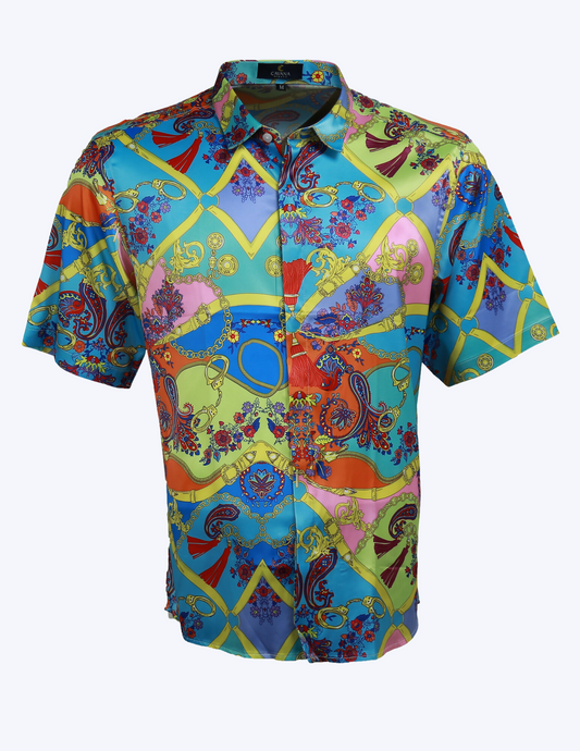 Men's Stylish Floral Pattern Lapel Short Sleeve Shirt